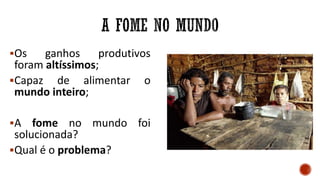 Os ganhos produtivos
foram altíssimos;
Capaz de alimentar o
mundo inteiro;
A fome no mundo foi
solucionada?
Qual é o problema?
 