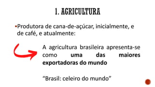 Produtora de cana-de-açúcar, inicialmente, e
de café, e atualmente:
A agricultura brasileira apresenta-se
como uma das maiores
exportadoras do mundo
“Brasil: celeiro do mundo”
 