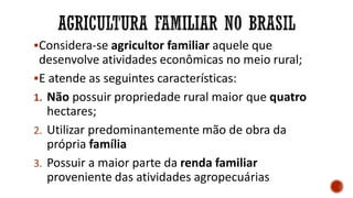 Considera-se agricultor familiar aquele que
desenvolve atividades econômicas no meio rural;
E atende as seguintes características:
1. Não possuir propriedade rural maior que quatro
hectares;
2. Utilizar predominantemente mão de obra da
própria família
3. Possuir a maior parte da renda familiar
proveniente das atividades agropecuárias
 