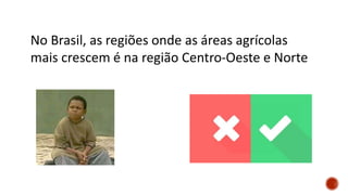 No Brasil, as regiões onde as áreas agrícolas
mais crescem é na região Centro-Oeste e Norte
 