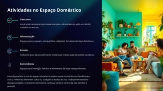 Atividades no Espaço Doméstico
Descanso
Local onde recuperamos nossas energias e descansamos após um dia de
trabalho ou estudo.
Alimentação
Espaço para preparar e compartilhar refeições, fortalecendo laços familiares.
Estudo
Ambiente para desenvolvimento intelectual e realização de tarefas escolares.
Convivência
Espaço para interação familiar e momentos de lazer compartilhados.
A configuração e o uso do espaço doméstico podem variar muito de uma família para
outra, refletindo diferentes culturas, tradições e estilos de vida. Independentemente
dessas variações, o ambiente doméstico continua sendo o centro da vida familiar e
pessoal.
 