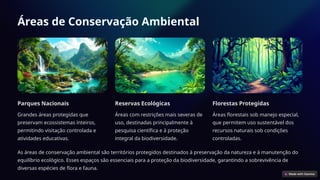 Áreas de Conservação Ambiental
Parques Nacionais
Grandes áreas protegidas que
preservam ecossistemas inteiros,
permitindo visitação controlada e
atividades educativas.
Reservas Ecológicas
Áreas com restrições mais severas de
uso, destinadas principalmente à
pesquisa científica e à proteção
integral da biodiversidade.
Florestas Protegidas
Áreas florestais sob manejo especial,
que permitem uso sustentável dos
recursos naturais sob condições
controladas.
As áreas de conservação ambiental são territórios protegidos destinados à preservação da natureza e à manutenção do
equilíbrio ecológico. Esses espaços são essenciais para a proteção da biodiversidade, garantindo a sobrevivência de
diversas espécies de flora e fauna.
 