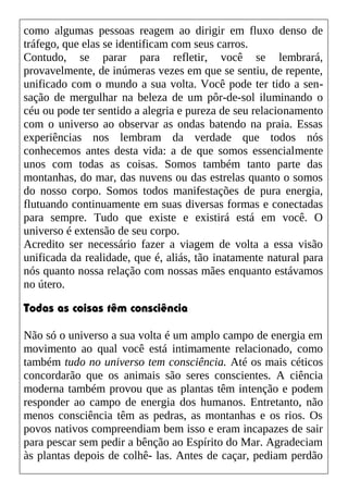 como algumas pessoas reagem ao dirigir em fluxo denso de
tráfego, que elas se identificam com seus carros.
Contudo, se parar para refletir, você se lembrará,
provavelmente, de inúmeras vezes em que se sentiu, de repente,
unificado com o mundo a sua volta. Você pode ter tido a sen-
sação de mergulhar na beleza de um pôr-de-sol iluminando o
céu ou pode ter sentido a alegria e pureza de seu relacionamento
com o universo ao observar as ondas batendo na praia. Essas
experiências nos lembram da verdade que todos nós
conhecemos antes desta vida: a de que somos essencialmente
unos com todas as coisas. Somos também tanto parte das
montanhas, do mar, das nuvens ou das estrelas quanto o somos
do nosso corpo. Somos todos manifestações de pura energia,
flutuando continuamente em suas diversas formas e conectadas
para sempre. Tudo que existe e existirá está em você. O
universo é extensão de seu corpo.
Acredito ser necessário fazer a viagem de volta a essa visão
unificada da realidade, que é, aliás, tão inatamente natural para
nós quanto nossa relação com nossas mães enquanto estávamos
no útero.
Todas as coisas têm consciência
Não só o universo a sua volta é um amplo campo de energia em
movimento ao qual você está intimamente relacionado, como
também tudo no universo tem consciência. Até os mais céticos
concordarão que os animais são seres conscientes. A ciência
moderna também provou que as plantas têm intenção e podem
responder ao campo de energia dos humanos. Entretanto, não
menos consciência têm as pedras, as montanhas e os rios. Os
povos nativos compreendiam bem isso e eram incapazes de sair
para pescar sem pedir a bênção ao Espírito do Mar. Agradeciam
às plantas depois de colhê- las. Antes de caçar, pediam perdão
 