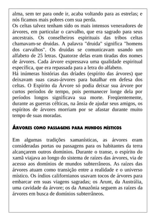 alma, sem ter para onde ir, acaba voltando para as estrelas; e
nós ficamos mais pobres com sua perda.
Os celtas talvez tenham sido os mais intensos veneradores de
árvores, em particular o carvalho, que era sagrado para seus
ancestrais. Os conselheiros espirituais das tribos celtas
chamavam-se druidas. A palavra "druida" significa "homens
dos carvalhos". Os druidas se comunicavam usando um
alfabeto de 25 letras. Quatorze delas eram tiradas dos nomes
de árvores. Cada árvore expressava uma qualidade espiritual
específica, que era repassada para a letra do alfabeto.
Há inúmeras histórias das dríades (espírito das árvores) que
deixavam suas casas-árvores para batalhar em defesa dos
celtas. O Espírito da Árvore só podia deixar sua árvore por
curtos períodos de tempo, pois permanecer longe dela por
períodos longos significava sua morte. Freqüentemente,
durante as guerras célticas, na ânsia de ajudar seus amigos, os
espíritos de árvores morriam por se afastar durante muito
tempo de suas moradas.
ÁRVORES COMO PASSAGENS PARA MUNDOS MÍSTICOS
Em algumas tradições xamanísticas, as árvores eram
consideradas portas ou passagens para os habitantes da terra
alcançarem outros domínios. Durante o transe, o espírito do
xamã viajava ao longo do sistema de raízes das árvores, via de
acesso aos domínios de mundos subterrâneos. As raízes das
árvores atuam como transição entre a realidade e o universo
místico. Os índios californianos usavam tocos de árvores para
embarcar em suas viagens sagradas; os Arunt, da Austrália,
uma cavidade da árvore; os da Amazônia seguem as raízes da
árvores em busca de domínios subterrâneos.
 