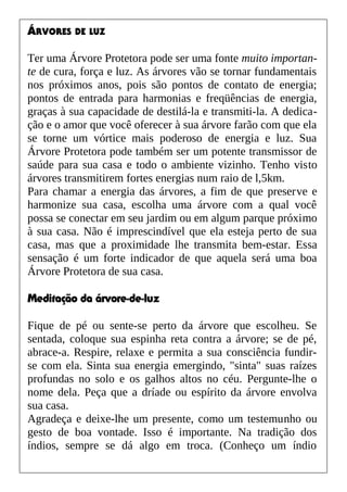 ÁRVORES DE LUZ
Ter uma Árvore Protetora pode ser uma fonte muito importan-
te de cura, força e luz. As árvores vão se tornar fundamentais
nos próximos anos, pois são pontos de contato de energia;
pontos de entrada para harmonias e freqüências de energia,
graças à sua capacidade de destilá-la e transmiti-la. A dedica-
ção e o amor que você oferecer à sua árvore farão com que ela
se torne um vórtice mais poderoso de energia e luz. Sua
Árvore Protetora pode também ser um potente transmissor de
saúde para sua casa e todo o ambiente vizinho. Tenho visto
árvores transmitirem fortes energias num raio de l,5km.
Para chamar a energia das árvores, a fim de que preserve e
harmonize sua casa, escolha uma árvore com a qual você
possa se conectar em seu jardim ou em algum parque próximo
à sua casa. Não é imprescindível que ela esteja perto de sua
casa, mas que a proximidade lhe transmita bem-estar. Essa
sensação é um forte indicador de que aquela será uma boa
Árvore Protetora de sua casa.
Meditação da árvore-de-luz
Fique de pé ou sente-se perto da árvore que escolheu. Se
sentada, coloque sua espinha reta contra a árvore; se de pé,
abrace-a. Respire, relaxe e permita a sua consciência fundir-
se com ela. Sinta sua energia emergindo, "sinta" suas raízes
profundas no solo e os galhos altos no céu. Pergunte-lhe o
nome dela. Peça que a dríade ou espírito da árvore envolva
sua casa.
Agradeça e deixe-lhe um presente, como um testemunho ou
gesto de boa vontade. Isso é importante. Na tradição dos
índios, sempre se dá algo em troca. (Conheço um índio
 