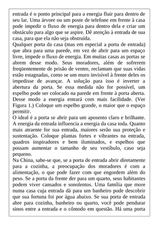 entrada é o ponto principal para a energia fluir para dentro de
seu lar. Uma árvore ou um poste de telefone em frente à casa
pode impedir o fluxo de energia para dentro dela e criar um
obstáculo para algo que se aspire. Dê atenção à entrada de sua
casa, para que ela não seja obstruída.
Qualquer porta da casa (mas em especial a porta de entrada)
que abra para uma parede, em vez de abrir para um espaço
livre, impede o fluxo de energia. Em muitas casas as portas se
abrem desse modo. Seus moradores, além de sofrerem
freqüentemente de prisão de ventre, reclamam que suas vidas
estão estagnadas, como se um muro invisível à frente deles os
impedisse de avançar. A solução para isso é inverter a
abertura da porta. Se essa medida não for possível, um
espelho pode ser colocado na parede em frente à porta aberta.
Desse modo a energia entrará com mais facilidade. (Ver
Figura 1.) Coloque um espelho grande, o maior que o espaço
permitir.
O ideal é a porta se abrir para um aposento claro e brilhante.
A energia da entrada influencia a energia da casa toda. Quanto
mais atraente for sua entrada, maiores serão sua proteção e
sustentação. Coloque plantas fortes e vibrantes na entrada,
quadros inspiradores e bem iluminados, e espelhos que
possam aumentar o tamanho de seu vestíbulo, caso seja
pequeno.
Na China, sabe-se que, se a porta de entrada abrir diretamente
para a cozinha, a preocupação dos moradores é com a
alimentação, o que pode fazer com que engordem além do
peso. Se a porta da frente der para um quarto, seus habitantes
podem viver cansados e sonolentos. Uma família que more
numa casa cuja entrada dá para um banheiro pode descobrir
que sua fortuna foi por água abaixo. Se sua porta de entrada
abre para cozinha, banheiro ou quarto, você pode pendurar
sinos entre a entrada e o cômodo em questão. Há uma porta
 