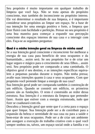Seu propósito é muito importante em qualquer trabalho de
limpeza que você faça. Não se trata apenas do propósito
consciente, mas também do inconsciente ou propósito interno.
Ele vai determinar o resultado de sua limpeza, e é importante
considerar seus propósitos ao limpar um espaço. Se a base de
sua intenção for uma energia positiva e forte, a limpeza que
fizer fluirá com facilidade e perfeição. Pensar no seu propósito é
uma boa maneira para começar a expandir sua percepção
consciente dos espaços internos de sua casa e a interagir com
eles. Faça-se as seguintes perguntas:
Qual é a minha intenção geral na limpeza de minha casa?
Se a sua Intenção geral consciente e inconsciente for melhorar a
energia de sua casa para benefício de seus ocupantes e da
humanidade... assim será. Se seu propósito for o de criar um
lugar seguro e mágico para o crescimento de seus filhos... assim
será. Seu propósito pode ser comparado a uma caminhada. O
objetivo geral é seu destino, e as intenções específicas equiva-
lem a pequenas paradas durante o trajeto. Não tenha pressa;
avalie suas intenções quanto à casa e seus ocupantes. Com que
propósito você pretende limpar a energia de sua casa?
Sua Intenção geral pode ser comparada também à construção de
um edifício. Quando se constrói um edifício, os primeiros
passos são as fundações. O resto é construído ao redor dessa
estrutura. Sua Intenção é a estrutura da limpeza que pretender
fazer. Assim que estiver com a energia estruturada, tudo que
fizer se coadunará com ela.
Descubra a Intenção geral que sente que é a certa para o espaço
que quer limpar. Sua Intenção pode ser a de contribuir para a
expansão da beleza e serenidade de sua casa ou para a saúde e
bem-estar de seus ocupantes. Pode ser a de criar um ambiente
que assegure a execução do trabalho criativo com o qual você
sempre sonhou ou, talvez, um espaço social onde a família e os
 