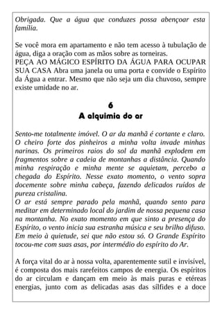 Obrigada. Que a água que conduzes possa abençoar esta
família.
Se você mora em apartamento e não tem acesso à tubulação de
água, diga a oração com as mãos sobre as torneiras.
PEÇA AO MÁGICO ESPÍRITO DA ÁGUA PARA OCUPAR
SUA CASA Abra uma janela ou uma porta e convide o Espírito
da Água a entrar. Mesmo que não seja um dia chuvoso, sempre
existe umidade no ar.
6
A alquimia do ar
Sento-me totalmente imóvel. O ar da manhã é cortante e claro.
O cheiro forte dos pinheiros a minha volta invade minhas
narinas. Os primeiros raios do sol da manhã explodem em
fragmentos sobre a cadeia de montanhas a distância. Quando
minha respiração e minha mente se aquietam, percebo a
chegada do Espírito. Nesse exato momento, o vento sopra
docemente sobre minha cabeça, fazendo delicados ruídos de
pureza cristalina.
O ar está sempre parado pela manhã, quando sento para
meditar em determinado local do jardim de nossa pequena casa
na montanha. No exato momento em que sinto a presença do
Espírito, o vento inicia sua estranha música e seu brilho difuso.
Em meio à quietude, sei que não estou só. O Grande Espírito
tocou-me com suas asas, por intermédio do espírito do Ar.
A força vital do ar à nossa volta, aparentemente sutil e invisível,
é composta dos mais rarefeitos campos de energia. Os espíritos
do ar circulam e dançam em meio às mais puras e etéreas
energias, junto com as delicadas asas das sílfides e a doce
 