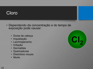 Cloro
• Dependendo da concentração e do tempo de
exposição pode causar:
• Dores de cabeça
• Inquietação
• Lacrimejamento
• Irritação
• Dermatites
• Queimaduras
• Distúrbios visuais
• Morte
115
Cl2
 