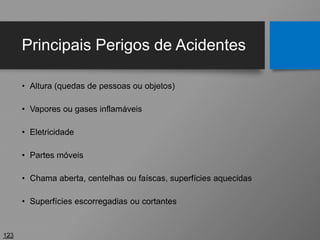 Principais Perigos de Acidentes
• Altura (quedas de pessoas ou objetos)
• Vapores ou gases inflamáveis
• Eletricidade
• Partes móveis
• Chama aberta, centelhas ou faíscas, superfícies aquecidas
• Superfícies escorregadias ou cortantes
123
 