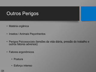 Outros Perigos
• Matéria orgânica
• Insetos / Animais Peçonhentos
• Perigos Psicossociais (tensões da vida diária, pressão do trabalho e
outros fatores adversos)
• Fatores ergonômicos
• Postura
• Esforço intenso
124
 