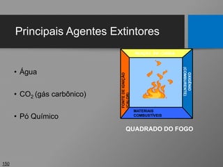 Principais Agentes Extintores
• Água
• CO2 (gás carbônico)
• Pó Químico
150
QUADRADO DO FOGO
REAÇÃO EM CADEIA
FONTE
DE
IGNIÇÃO
(CALOR)
MATERIAIS
COMBUSTÍVEIS
REAÇÃO EM CADEIA
FONTE
DE
IGNIÇÃO
(CALOR)
MATERIAIS
COMBUSTÍVEIS
 