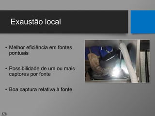 Exaustão local
• Melhor eficiência em fontes
pontuais
• Possibilidade de um ou mais
captores por fonte
• Boa captura relativa à fonte
175
 