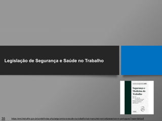 35
Legislação de Segurança e Saúde no Trabalho
https://enit.trabalho.gov.br/portal/index.php/seguranca-e-saude-no-trabalho/sst-menu/sst-normatizacao/sst-nr-portugues?view=default
 