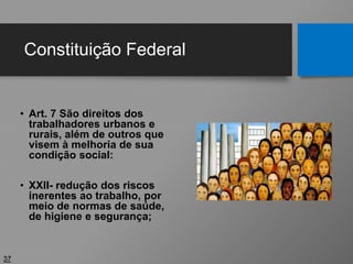 Constituição Federal
• Art. 7 São direitos dos
trabalhadores urbanos e
rurais, além de outros que
visem à melhoria de sua
condição social:
• XXII- redução dos riscos
inerentes ao trabalho, por
meio de normas de saúde,
de higiene e segurança;
37
 