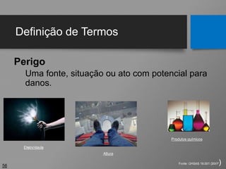 Definição de Termos
Perigo
Uma fonte, situação ou ato com potencial para
danos.
56
Fonte: OHSAS 18.001 (2007)
Eletricidade
Produtos químicos
Altura
 