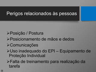 Perigos relacionados às pessoas
Posição / Postura
Posicionamento de mãos e dedos
Comunicações
Uso inadequado do EPI – Equipamento de
Proteção Individual
Falta de treinamento para realização da
tarefa
58
 