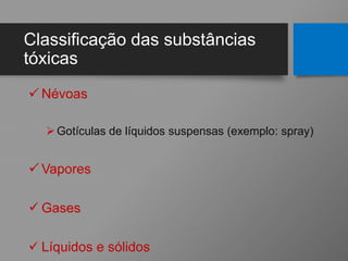 Classificação das substâncias
tóxicas
 Névoas
Gotículas de líquidos suspensas (exemplo: spray)
 Vapores
 Gases
 Líquidos e sólidos
 
