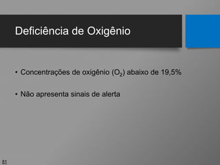 Deficiência de Oxigênio
• Concentrações de oxigênio (O2) abaixo de 19,5%
• Não apresenta sinais de alerta
81
 