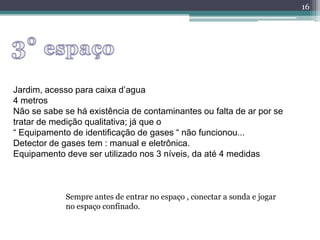 16
Jardim, acesso para caixa d’agua
4 metros
Não se sabe se há existência de contaminantes ou falta de ar por se
tratar de medição qualitativa; já que o
“ Equipamento de identificação de gases “ não funcionou...
Detector de gases tem : manual e eletrônica.
Equipamento deve ser utilizado nos 3 níveis, da até 4 medidas
Sempre antes de entrar no espaço , conectar a sonda e jogar
no espaço confinado.
 