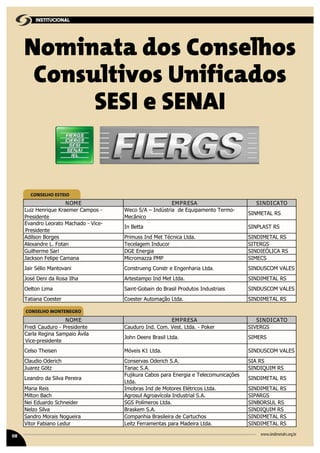 Conselho Esteio
OTACIDNISASERPMEEMON
Luiz Henrique Kraemer Campos -
Presidente
Weco S/A – Indústria de Equipamento Termo-
Mecânico
SINMETAL RS
Evandro Leorato Machado - Vice-
Presidente
SRTSALPNISatteBnI
SRLATEMIDNIS.adtLacincéTteMdnIssumirPsegroBnoslidA
SGRETISrocudnImegaleceTnatoF.LerdnaxelA
SRACILÓEIDNISaigrenEEGDiraSemrehliuG
SCEMISPMPazzamorciManamaCepileFnoskcaJ
Jair Sélio Mantovani Construeng Constr e Engenharia Ltda. SINDUSCOM VALES
SRLATEMIDNIS.adtLteMdnIopmatsetrAahlIasoRadineDésoJ
SELAVMOCSUDNISsiairtsudnIsotudorPlisarBodniaboG-tniaSamiLnotleO
SRLATEMIDNIS.adtLoãçamotuAretseoCretseoCanaitaT
Conselho Montenegro
OTACIDNISASERPMEEMON
Fredi Cauduro - Presidente Cauduro Ind. Com. Vest. Ltda. - Poker SIVERGS
Carla Regina Sampaio Ávila
Vice-presidente
SREMIS.adtLlisarBereeDnhoJ
SELAVMOCSUDNIS.adtL1KsievóMnesiehTosleC
SRAIS.A.ShciredOsavresnoChciredOoidualC
SRMIUQIDNIS.A.ScanaTztöGzerauJ
Leandro da Silva Pereira
Fujikura Cabos para Energia e Telecomunicações
Ltda.
SINDIMETAL RS
SRLATEMIDNIS.adtLsocirtélEserotoMeddnIsarbomIsieRairaM
SGRAPIS.A.SlairtsudnIalocívaorgAlusorgAhcaBnotliM
SRLUSROBNIS.adtLsoremíloPSGSredienhcSodraudEieN
SRMIUQIDNIS.A.SmeksarBavliSozleN
Sandro Morais Nogueira Companhia Brasileira de Cartuchos SINDIMETAL RS
SRLATEMIDNIS.adtLariedaMarapsatnemarreFztieLrudeLonaibaFrotiV
Nominata dos Conselhos
Consultivos Unificados
SESI e SENAI
08 www.sindimetalrs.org.br
INSTITUCIONAL
CONSELHO ESTEIO
CONSELHO MONTENEGRO
 