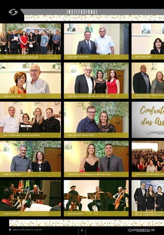 w w w . s i n d i m e t a l r s . o r g . b r
8
INSTITUCIONAL
Atualização da Galeria dos Ex-Presidentes
Alexandre Santos e Sandra Gross;
e Adriana Freitas
Público prestigia apresentação artís
Sergio Galera e Raul Heller Alice e Volker Lübke
Marlene e Neuri Haag Valdir Huning e Mônica Fagundes, com a filha Luiza
Andrea Peres Gremes Pereira e Rodrigo Peres GranjaRubén e Silvia Duarte
Marlos Schmidt e Sabrina Feltes
Sandra e Sergio Galera (ao centro), c
Gessica, Josiane e Luiz Henrique
Grupo Arte Gaúcha
Raul e Liselote Heller; Sofia e Gustavo Michel
Grupo Arte Gaúcha
 