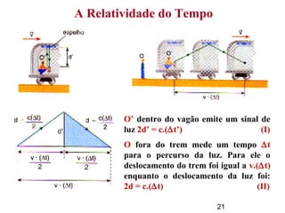 21
O fora do trem mede um tempo ∆t
para o percurso da luz. Para ele o
deslocamento do trem foi igual a v.(∆t)
enquanto o deslocamento da luz foi:
2d = c.(∆t) (II)
O’ dentro do vagão emite um sinal de
luz 2d’ = c.(∆t’) (I)
A Relatividade do Tempo
 
