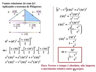 23
Para Newton o tempo é absoluto, não importa
o movimento relativo entre os corpos.
2
2
2
2
c
v
1
)'tΔ(
)tΔ(
−
=
2
2
c
v
1
'tΔ
tΔ
−
=
Vamos relacionar ∆t com ∆t’.
Aplicando o teorema de Pitágoras:
2
22
2
)tΔ(v
)'d(d 




 ⋅
+=
222
2
)tΔ(v
2
)'tΔ(c
2
)tΔ(c
:ou 




 ⋅
+




 ⋅
=




 ⋅
222222
)tΔ(v)'tΔ(c)tΔ(c +=
222222
)'tΔ(c)tΔ(v)tΔ(c =−
( ) 22222
)'tΔ(c)tΔ(vc =−
22
22
2
vc
)'tΔ(c
)tΔ(
−
=








−
=
2
2
2
22
2
c
v
1c
)'tΔ(c
)tΔ(
 