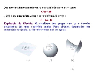 29
Quando calculamos a razão entre a circunferência e o raio, temos:
C/R > 2π
Como pode um círculo violar o antigo postulado grego ?
C = 2π . R
Explicação de Einstein: O resultado dos gregos vale para círculos
desenhados em uma superfície plana. Para círculos desenhados em
superfícies não planas as circunferências não são iguais.
 