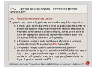 (Deliberado pela Secção Permanente de Coordenação Estatística na reunião de 15 de julho de 2014)
TIPAU – Tipologia das Áreas Urbanas – conceitos de definição
complexa. Exº:
APU - Área predominantemente urbana
Freguesia que contempla, pelo menos, um dos seguintes requisitos:
1) o maior valor da média entre o peso da população residente na
população total da freguesia e o peso da área na área total da
freguesia corresponde a espaço urbano, sendo que o peso da
área em espaço de ocupação predominantemente rural não
ultrapassa 50% da área total da freguesia;
2) a freguesia integra a sede da Câmara Municipal e tem uma
população residente superior a 5.000 habitantes;
3) a freguesia integra total ou parcialmente um lugar com
população residente igual ou superior a 5 000 habitantes, sendo
que o peso da população do lugar no total da população
residente na freguesia ou no total da população residente no
lugar, é igual ou superior a 50%.
11
 