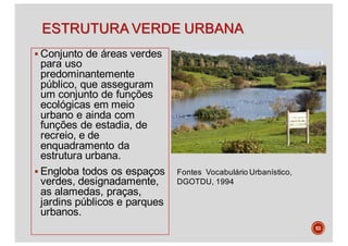 ESTRUTURA VERDE URBANA
§ Conjunto de áreas verdes
para uso
predominantemente
público, que asseguram
um conjunto de funções
ecológicas em meio
urbano e ainda com
funções de estadia, de
recreio, e de
enquadramento da
estrutura urbana.
§ Engloba todos os espaços
verdes, designadamente,
as alamedas, praças,
jardins públicos e parques
urbanos.
53
Fontes Vocabulário Urbanístico,
DGOTDU, 1994
 