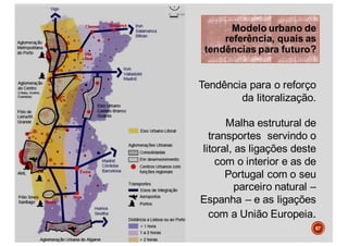 Modelo urbano de
referência, quais as
tendências para futuro?
Tendência para o reforço
da litoralização.
Malha estrutural de
transportes servindo o
litoral, as ligações deste
com o interior e as de
Portugal com o seu
parceiro natural –
Espanha – e as ligações
com a União Europeia.
67
 
