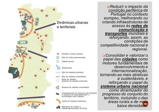 qReduzir o impacto da
condição periférica de
Portugal no contexto
europeu, melhorando ou
criando infraestruturas de
acesso às redes de
comunicação e
transportes mundiais e
reforçando, assim, as
condições de
competitividade nacional e
regional.
qConsolidar e valorizar o
papel das cidades como
motores fundamentais de
desenvolvimento e
internacionalização,
tornando-as mais atrativas
e sustentáveis, e
reforçando o papel do
sistema urbano nacional
como dinamizador do
progresso do conjunto do
território, incluindo o das
áreas rurais e de mais
baixa densidade.
Dinâmicas urbanas
e territoriais
69
 