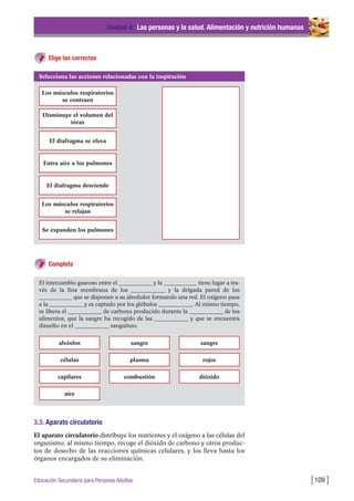Completa
Unidad 4: Las personas y la salud. Alimentación y nutrición humanas
[109 ]Educación Secundaria para Personas Adultas
Selecciona las acciones relacionadas con la inspiración
Los músculos respiratorios
se contraen
Disminuye el volumen del
tórax
El diafragma se eleva
Entra aire a los pulmones
El diafragma desciende
Los músculos respiratorios
se relajan
Se expanden los pulmones
Elige las correctas
El intercambio gaseoso entre el ____________ y la ____________ tiene lugar a tra-
vés de la fina membrana de los ____________ y la delgada pared de los
____________ que se disponen a su alrededor formando una red. El oxígeno pasa
a la ____________ y es captado por los glóbulos ____________. Al mismo tiempo,
se libera el ____________ de carbono producido durante la ____________ de los
alimentos, que la sangre ha recogido de las ____________ y que se encuentra
disuelto en el ____________ sanguíneo.
alvéolos sangre sangre
células plasma rojos
capilares combustión dióxido
aire
3.3. Aparato circulatorio
El aparato circulatorio distribuye los nutrientes y el oxígeno a las células del
organismo, al mismo tiempo, recoge el dióxido de carbono y otros produc-
tos de desecho de las reacciones químicas celulares, y los lleva hasta los
órganos encargados de su eliminación.
 