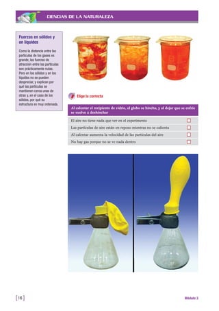 CIENCIAS DE LA NATURALEZA
[16 ] Módulo 3
Elige la correcta
Fuerzas en sólidos y
en líquidos
Como la distancia entre las
partículas de los gases es
grande, las fuerzas de
atracción entre las partículas
son prácticamente nulas.
Pero en los sólidos y en los
líquidos no se pueden
despreciar, y explican por
qué las partículas se
mantienen cerca unas de
otras y, en el caso de los
sólidos, por qué su
estructura es muy ordenada.
Al calentar el recipiente de vidrio, el globo se hincha, y al dejar que se enfríe
se vuelve a deshinchar
El aire no tiene nada que ver en el experimento
Las partículas de aire están en reposo mientras no se calienta
Al calentar aumenta la velocidad de las partículas del aire
No hay gas porque no se ve nada dentro
 