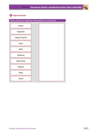 Elige las correctas
Unidad 5: Funciones de relación y reproducción humana. Salud y enfermedad
[169 ]Educación Secundaria para Personas Adultas
Indica cuáles de las siguientes enfermedades son no infecciosas
Cáncer
Depresión
Angina de pecho
Gripe
SIDA
Parkinson
Tuberculosis
Diabetes
Rabia
Cólera
 