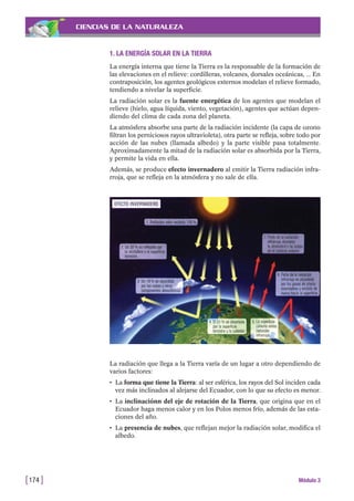 CIENCIAS DE LA NATURALEZA
1. LA ENERGÍA SOLAR EN LA TIERRA
La energía interna que tiene la Tierra es la responsable de la formación de
las elevaciones en el relieve: cordilleras, volcanes, dorsales oceánicas, ... En
contraposición, los agentes geológicos externos modelan el relieve formado,
tendiendo a nivelar la superficie.
La radiación solar es la fuente energética de los agentes que modelan el
relieve (hielo, agua líquida, viento, vegetación), agentes que actúan depen-
diendo del clima de cada zona del planeta.
La atmósfera absorbe una parte de la radiación incidente (la capa de ozono
filtran los perniciosos rayos ultravioleta), otra parte se refleja, sobre todo por
acción de las nubes (llamada albedo) y la parte visible pasa totalmente.
Aproximadamente la mitad de la radiación solar es absorbida por la Tierra,
y permite la vida en ella.
Además, se produce efecto invernadero al emitir la Tierra radiación infra-
rroja, que se refleja en la atmósfera y no sale de ella.
[174 ] Módulo 3
La radiación que llega a la Tierra varía de un lugar a otro dependiendo de
varios factores:
• La forma que tiene la Tierra: al ser esférica, los rayos del Sol inciden cada
vez más inclinados al alejarse del Ecuador, con lo que su efecto es menor.
• La inclinaciónn del eje de rotación de la Tierra, que origina que en el
Ecuador haga menos calor y en los Polos menos frío, además de las esta-
ciones del año.
• La presencia de nubes, que reflejan mejor la radiación solar, modifica el
albedo.
 