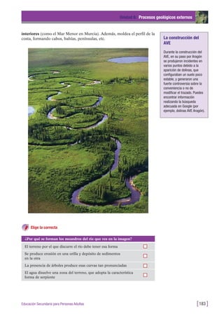 interiores (como el Mar Menor en Murcia). Además, moldea el perfil de la
costa, formando cabos, bahías, penínsulas, etc.
Unidad 6: Procesos geológicos externos
[183 ]Educación Secundaria para Personas Adultas
La construcción del
AVE
Durante la construcción del
AVE, en su paso por Aragón
se produjeron incidentes en
varios puntos debido a la
aparición de dolinas, que
configuraban un suelo poco
estable, y generaron una
fuerte controversia sobre la
conveniencia o no de
modificar el trazado. Puedes
encontrar información
realizando la búsqueda
adecuada en Google (por
ejemplo, dolinas AVE Aragón).
Elige la correcta
¿Por qué se forman los meandros del río que ves en la imagen?
El terreno por el que discurre el río debe tener esa forma
Se produce erosión en una orilla y depósito de sedimentos
en la otra
La presencia de árboles produce esas curvas tan pronunciadas
El agua disuelve una zona del terreno, que adopta la característica
forma de serpiente
 