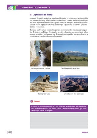 CIENCIAS DE LA NATURALEZA
6.1 La protección del paisaje
Además de por los motivos medioambientales ya expuestos, la protección
del paisaje está muy relacionada con el turismo, una de las fuentes de ingre-
sos más importantes tanto en España como en Aragón: mejorar la conser-
vación de los espacios naturales contribuye a potenciar el turismo y su inci-
dencia económica.
Por esta razón se han creado los parajes o monumentos naturales y los pun-
tos de interés geológico. En Aragón se está realizando una importante labor
en este sentido, y ya hay una red de espacios protegidos que contribuyen a
conservar el patrimonio natural aragonés.
[190 ] Módulo 3
Barranquismo en Guara La dehesa del Moncayo
Esfinge de Giza Gran Cañón del Colorado
Contesta
Cuando se levantó la esfinge de Giza hace más de 4000 años, era una escul-
tura perfecta elaborada con piedra caliza. ¿A qué se debe la forma que tiene
ahora, que ves en la imagen?
 
