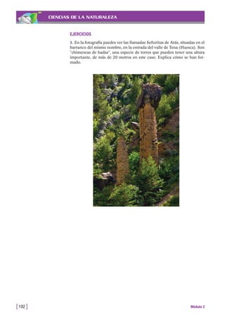 CIENCIAS DE LA NATURALEZA
EJERCICIOS
1. En la fotografía puedes ver las llamadas Señoritas de Arás, situadas en el
barranco del mismo nombre, en la entrada del valle de Tena (Huesca). Son
"chimeneas de hadas", una especie de torres que pueden tener una altura
importante, de más de 20 metros en este caso. Explica cómo se han for-
mado.
[192 ] Módulo 3
 