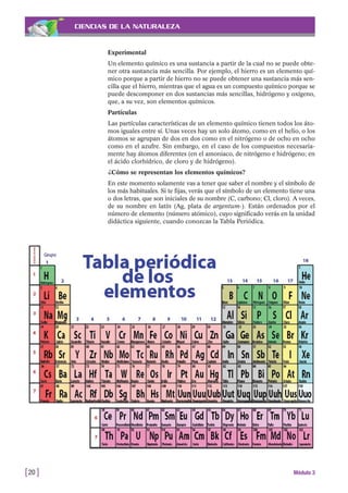 CIENCIAS DE LA NATURALEZA
Experimental
Un elemento químico es una sustancia a partir de la cual no se puede obte-
ner otra sustancia más sencilla. Por ejemplo, el hierro es un elemento quí-
mico porque a partir de hierro no se puede obtener una sustancia más sen-
cilla que el hierro, mientras que el agua es un compuesto químico porque se
puede descomponer en dos sustancias más sencillas, hidrógeno y oxígeno,
que, a su vez, son elementos químicos.
Partículas
Las partículas características de un elemento químico tienen todos los áto-
mos iguales entre sí. Unas veces hay un solo átomo, como en el helio, o los
átomos se agrupan de dos en dos como en el nitrógeno o de ocho en ocho
como en el azufre. Sin embargo, en el caso de los compuestos necesaria-
mente hay átomos diferentes (en el amoniaco, de nitrógeno e hidrógeno; en
el ácido clorhídrico, de cloro y de hidrógeno).
¿Cómo se representan los elementos químicos?
En este momento solamente vas a tener que saber el nombre y el símbolo de
los más habituales. Si te fijas, verás que el símbolo de un elemento tiene una
o dos letras, que son iniciales de su nombre (C, carbono; Cl, cloro). A veces,
de su nombre en latín (Ag, plata de argentum-). Están ordenados por el
número de elemento (número atómico), cuyo significado verás en la unidad
didáctica siguiente, cuando conozcas la Tabla Periódica.
[20 ] Módulo 3
 