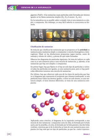 CIENCIAS DE LA NATURALEZA
gigantes (NaCl). A las sustancias cuyas partículas están formadas por átomos
iguales se les llama sustancias simples (O2, O3 el ozono-, S8, etc).
En la naturaleza no es posible saber a simple vista si una sustancia es sim-
ple o compuesta. Sin embargo, es muy fácil saberlo si conocemos su fór-
mula.
[24 ] Módulo 3
Clasificación de sustancias
Se trata de que clasificas las sustancias que se proponen en la actividad en
sustancia pura (sustancia simple o compuesta) o mezcla (homogénea o hete-
rogénea). Fíjate en las disoluciones propuestas (agua marina, zumo de
naranja y nitrato de cobre), y piensa de qué están formadas.
Observa los diagramas de partículas siguientes. Se trata de indicar en cada
caso si es una sustancia pura o una mezcla de sustancias, y, además, si las
sustancias que hay son simples o compuestas.
En primer lugar, hay que fijarse en si hay un solo tipo de partículas o varios:
si todas las partículas son iguales, es una sustancia pura, pero si hay partí-
culas diferentes tenemos una mezcla de sustancias.
Por último, hay que observar cada uno de los tipos de partículas que hay
en el diagrama que representa el recipiente que estamos analizando: si una
partícula tiene todos sus átomos iguales, o tiene un solo átomo, es una sus-
tancia simple; si tiene átomos diferentes, se trata de una sustancia com-
puesta.
Aplicando estos criterios, el diagrama de la izquierda corresponde a una
mezcla de dos sustancias compuestas (una de ellas, la formada por la bola
azul y por la amarilla, y la otra, la formada por la bola granate y las dos bolas
violetas), mientras que el de la derecha se trata de una sustancia pura com-
puesta (no hay más que un tipo de partículas, ya que las cuatro represen-
 