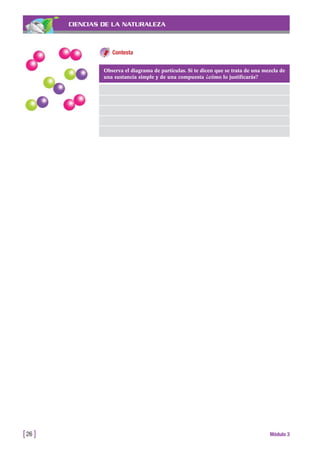 CIENCIAS DE LA NATURALEZA
Contesta
[26 ] Módulo 3
Observa el diagrama de partículas. Si te dicen que se trata de una mezcla de
una sustancia simple y de una compuesta ¿cómo lo justificarás?
 