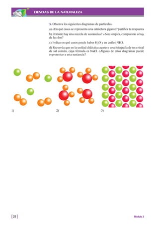 CIENCIAS DE LA NATURALEZA
3. Observa los siguientes diagramas de partículas.
a) ¿En qué casos se representa una estructura gigante? Justifica tu respuesta
b) ¿Dónde hay una mezcla de sustancias? ¿Son simples, compuestas o hay
de las dos?
c) Indica en qué casos puede haber H2O y en cuáles NH3.
d) Recuerda que en la unidad didáctica aparece una fotografía de un cristal
de sal común, cuya fórmula es NaCl. ¿Alguno de estos diagramas puede
representar a esta sustancia?
[28 ] Módulo 3
1) 2) 3)
 