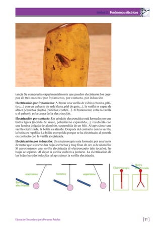 tancia Se comprueba experimentalmente que pueden electrizarse los cuer-
pos de tres maneras: por frotamiento, por contacto, por inducción
Electrización por frotamiento: Al frotar una varilla de vidrio (ebonita, plás-
tico,...) con un pañuelo de seda (lana, piel de gato,...), la varilla es capaz de
atraer pequeños objetos (cabellos, confeti,...). El frotamiento entre la varilla
y el pañuelo es la causa de la electrización.
Electrización por contacto: Un péndulo electrostático está formado por una
bolita ligera (medula de sauco, poliestireno expandido,...), recubierta con
una lamina delgada de aluminio, suspendida de un hilo. Al aproximar una
varilla electrizada, la bolita es atraída. Después del contacto con la varilla,
la bolita es repelida. La bolita es repelida porque se ha electrizado al ponerla
en contacto con la varilla electrizada.
Electrización por inducción: Un electroscopio esta formado por una barra
de metal que sostiene dos hojas estrechas y muy finas de oro o de aluminio.
Si aproximamos una varilla electrizada al electroscopio (sin tocarlo), las
hojas se separan. Al alejar la varilla vuelven a juntarse. La electrización de
las hojas ha sido inducida al aproximar la varilla electrizada.
Unidad 2: Fenómenos eléctricos
[31 ]Educación Secundaria para Personas Adultas
 