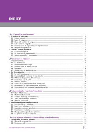 UD1. Un modelo para la materia.................................................................................................................................. 7
1. El modelo de partículas .................................................................................................................................................... 8
1.1. Estado gaseoso ........................................................................................................................................................... 8
1.2. Leyes de los gases ...................................................................................................................................................... 10
1.3. El modelo cinético de los gases .............................................................................................................................. 13
1.4. Estados sólido y líquido............................................................................................................................................ 15
1.5. Interpretación de algunos hechos experimentales.............................................................................................. 15
1.6. Diagramas de partículas ........................................................................................................................................... 17
2. La teoría atómico-molecular ........................................................................................................................................... 19
2.1. Elementos químicos................................................................................................................................................... 19
2.2. La estructura de las sustancias................................................................................................................................ 21
2.3. Sustancias simples y compuestas............................................................................................................................ 23
UD2. Fenómenos eléctricos ............................................................................................................................................. 29
1. Cargas eléctricas................................................................................................................................................................. 30
1.1. La electrización .......................................................................................................................................................... 30
1.2. Interacciones entre cargas........................................................................................................................................ 32
1.3. Interpretación de la electrización........................................................................................................................... 34
1.4. Los rayos...................................................................................................................................................................... 36
1.5. Aplicaciones de la electrización.............................................................................................................................. 37
2. Corriente eléctrica.............................................................................................................................................................. 37
2.1. La corriente eléctrica ................................................................................................................................................ 38
2.2. Intensidad de la corriente. El amperímetro.......................................................................................................... 40
2.3. Diferencia de potencial. El voltímetro................................................................................................................... 42
2.4. Resistencia. Ley de Ohm .......................................................................................................................................... 44
2.5. Potencia eléctrica....................................................................................................................................................... 46
2.6. Efectos de la corriente eléctrica. Aplicaciones .................................................................................................... 48
2.7. Generadores de corriente eléctrica: la dinamo.................................................................................................... 49
2.8. El consumo de electricidad y el ahorro energético............................................................................................. 49
UD3. Las partículas y sus transformaciones............................................................................................................ 53
1. Estructura del átomo ......................................................................................................................................................... 54
1.1. Modelo de Rutherford............................................................................................................................................... 54
1.2. Número atómico y número másico........................................................................................................................ 56
1.3. Tabla periódica de los elementos............................................................................................................................ 58
1.4. Isótopos radiactivos................................................................................................................................................... 61
2. Reacciones químicas y su importancia......................................................................................................................... 65
2.1. Procesos físicos y químicos...................................................................................................................................... 66
2.2. Reacciones químicas ................................................................................................................................................. 69
2.3. Ajuste de reacciones químicas................................................................................................................................. 71
2.4. Reacciones y partículas............................................................................................................................................. 72
2.5. Manipulación de productos químicos ................................................................................................................... 74
2.6. La química en la vida cotidiana.............................................................................................................................. 76
UD4. Las personas y la salud. Alimentación y nutrición humanas............................................................... 83
1. Organización del cuerpo humano ................................................................................................................................. 84
1.1. Niveles de organización ........................................................................................................................................... 85
1.2. Funciones vitales........................................................................................................................................................ 86
[5 ]Educación Secundaria para Personas Adultas
INDICE
 