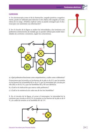 EJERCICIOS
1. Un electroscopio como el de la ilustración, cargado positiva o negativa-
mente, puede ser utilizado para detectar si otro objeto está cargado y la natu-
raleza de su carga. ¿Podrías explicar cómo se puede conseguir que el elec-
troscopio nos suministre esa información?
2. En el circuito de la figura se miden las intensidades y las tensiones con
polímetros (instrumentos de medida que se pueden utilizar para medir inten-
sidades de corriente o tensiones, según los conectemos).
Unidad 2: Fenómenos eléctricos
[51 ]Educación Secundaria para Personas Adultas
a) ¿Qué polímetros funcionan como amperímetros y cuáles como voltímetros?
Conocemos que la tensión en los bornes de la pila es de 9 V, que la tensión
en los bornes de la bombilla B2 es de 4 V, que la intensidad que circula por
ella (B2) es de 0,5 A y que las bombillas B2 y B3 son idénticas.
b) ¿Cuál es la indicación que marca cada polímetro?
c) ¿Cuál es la resistencia de cada una de las tres bombillas?
3. En el circuito de la figura, al cerrar el interruptor, la intensidad de la
corriente que circula es de 0,3 A, la tensión en los bornes de la pila es de 9
V y la caída de tensión en la bombilla B1 de 5 V.
 