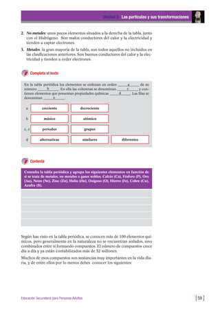 2. No metales: unos pocos elementos situados a la derecha de la tabla, junto
con el Hidrógeno. Son malos conductores del calor y la electricidad y
tienden a captar electrones.
3. Metales: la gran mayoría de la tabla, son todos aquellos no incluidos en
las clasificaciones anteriores. Son buenos conductores del calor y la elec-
tricidad y tienden a ceder electrones.
Completa el texto
Unidad 3: Las partículas y sus transformaciones
[59 ]Educación Secundaria para Personas Adultas
En la tabla periódica los elementos se ordenan en orden ____________ de su
número ____________. En ella las columnas se denominan ____________ y con-
tienen elementos que presentan propiedades químicas ____________. Las filas se
denominan ____________.
creciente decreciente
a
a
másico atómicob
periodos gruposc, e
alternativas similares diferentesd
b c
d
e
Contesta
Consulta la tabla periódica y agrupa los siguientes elementos en función de
si se trata de metales, no metales o gases nobles. Calcio (Ca), Fósforo (P), Oro
(Au), Neon (Ne), Zinc (Zn), Helio (He), Oxígeno (O), Hierro (Fe), Cobre (Cu),
Azufre (S).
Según has visto en la tabla periódica, se conocen más de 100 elementos quí-
micos, pero generalmente en la naturaleza no se encuentran aislados, sino
combinados entre sí formando compuestos. El número de compuestos crece
día a día y ya están contabilizados más de 32 millones.
Muchos de esos compuestos son sustancias muy importantes en la vida dia-
ria, y de entre ellos por lo menos debes conocer los siguientes:
 