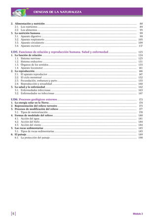 CIENCIAS DE LA NATURALEZA
2. Alimentación y nutrición ................................................................................................................................................. 88
2.1. Los nutrientes ............................................................................................................................................................. 89
2.2. Los alimentos.............................................................................................................................................................. 95
3. La nutrición humana......................................................................................................................................................... 99
3.1. Aparato digestivo ....................................................................................................................................................... 99
3.2. Aparato respiratorio .................................................................................................................................................. 105
3.3. Aparato circulatorio .................................................................................................................................................. 109
3.4. Aparato excretor ........................................................................................................................................................ 117
UD5. Funciones de relación y reproducción humana. Salud y enfermedad............................................. 123
1. La función de relación...................................................................................................................................................... 124
1.1. Sistema nervioso ........................................................................................................................................................ 125
1.2. Sistema endocrino ..................................................................................................................................................... 131
1.3. Órganos de los sentidos............................................................................................................................................ 135
1.4. Aparato locomotor .................................................................................................................................................... 141
2. La reproducción.................................................................................................................................................................. 146
2.1. El aparato reproductor ............................................................................................................................................. 147
2.2. El ciclo menstrual ...................................................................................................................................................... 152
2.3. Fecundación, embarazo y parto.............................................................................................................................. 155
2.4. Reproducción y sexualidad...................................................................................................................................... 160
3. La salud y la enfermedad................................................................................................................................................. 162
3.1. Enfermedades infecciosas ........................................................................................................................................ 163
3.2. Enfermedades no infecciosas .................................................................................................................................. 167
UD6. Procesos geológicos externos.............................................................................................................................. 173
1. La energía solar en la Tierra............................................................................................................................................ 174
2. Representación del relieve terrestre.............................................................................................................................. 175
3. Procesos de modificación del relieve............................................................................................................................ 177
3.1. Tipos de meteorización............................................................................................................................................. 178
4. Formas de modelado del relieve..................................................................................................................................... 180
4.1. Acción del agua.......................................................................................................................................................... 181
4.2. Acción del hielo ......................................................................................................................................................... 184
4.3. Acción del viento ....................................................................................................................................................... 184
5. Las rocas sedimentarias ................................................................................................................................................... 185
5.1. Tipos de rocas sedimentarias................................................................................................................................... 185
6. El paisaje............................................................................................................................................................................... 189
6.1. La protección del paisaje.......................................................................................................................................... 190
[6 ] Módulo 3
 