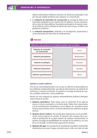 CIENCIAS DE LA NATURALEZA
aditivos alimentarios debido al aumento de alimentos preparados a los
que hay que añadir productos que aseguren su conservación.
5. La industria de materiales de construcción se encarga de fabricar los
materiales empleados en la construcción de edificios, vías de comunica-
ción y resto de obras públicas. Su producto principal es el cemento (mez-
cla de óxido de calcio y dióxido de silicio) así como el yeso, el vidrio o los
productos cerámicos.
6. La industria farmaceútica, dedicada a la investigación, preparación y
comercialización de toda clase de medicamentos.
Relaciona
[78 ] Módulo 3
Relaciona cada producto con la industria química que lo produce
Industria de materiales
de construcción
Acero
Industria petroquímica Medicamento
Industria metalúrgica Cemento
Industria farmaceútica Gasolina
Industria agroalimentaria Abono
Química y medio ambiente
Uno de los retos fundamentales con los que se enfrenta la humanidad son
los problemas medioambientales, que afectan directamente a la salud de las
personas y a nuestro ecosistema. La química se encarga de buscar las cau-
sas y posibles soluciones a estos problemas.
Dentro de esta categoría de química medioambiental podemos distinguir
cuatro lineas de acción:
1. Química atmosférica. Trata temas como la reducción de la capa de
ozono, el efecto invernadero o la lluvia ácida. Todos ellos relacionados
con la contaminación atmosférica, con el objetivo de descubrir nuevas
técnicas que permitan evitar o al menos disminuir las emisiones de gases
nocivos.
2. Química de los residuos. Ha tomado gran importancia con la sensibili-
zación social respecto al reciclaje. El aumento del consumo lleva aso-
ciado la producción de un gran número de residuos contaminantes, la
química investiga las posibilidades de reciclaje de los mismos y, en caso
de no ser posible, la eliminación segura de los mismos.
3. Química del agua. El crecimiento de la población mundial y el desarrollo
industrial provoca que el agua, necesaria para la vida, sea cada vez más
 